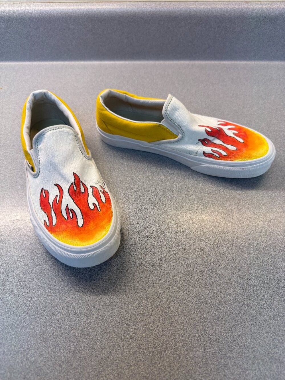 Custom Vans Slip-On Shoes White with Orange Flames – Women's Size 8.5